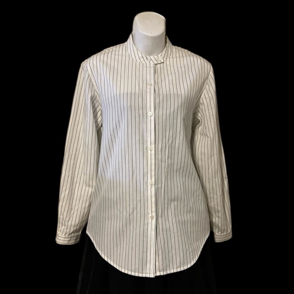 Emanuel Ungarn Women’s White Navy Pinstripe Collarless Long Sleeve Button Down